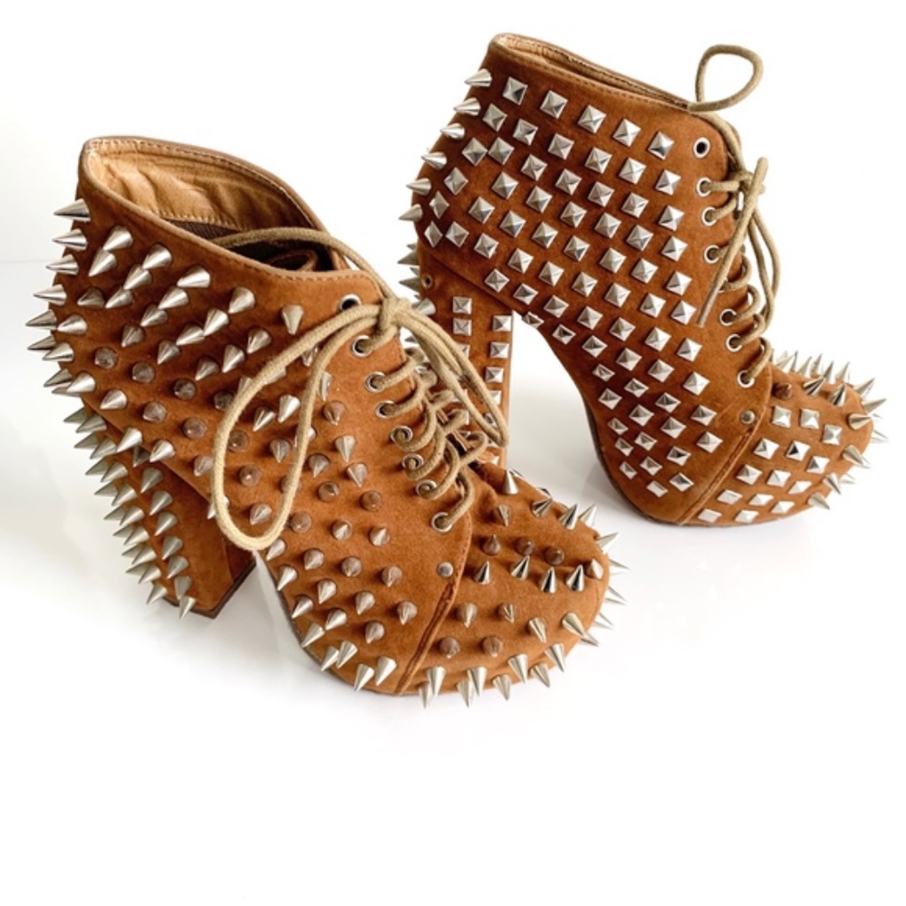 Cognac Brown Studded Spiked Chunky Block Heel Sz 7